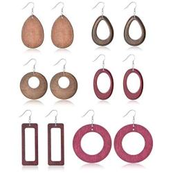 Ofeiyaa 4-6 Pairs Statement Dangle Natural Wood Teardrop Geometric Earrings Stainless Steel Stud Bohemia Retro Earrings for Women Girls
