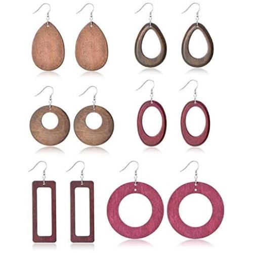 Ofeiyaa 4-6 Pairs Statement Dangle Natural Wood Teardrop Geometric Earrings Stainless Steel Stud Bohemia Retro Earrings for Women Girls