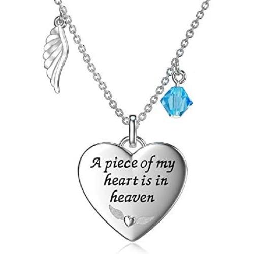 925 Sterling Silver Memorial Necklace A Piece of My Heart is in Heaven Angel Wing Pendant Jewelry in Memory of Mom Dad Grandma Grandpa Baby Loss Memorial Gift