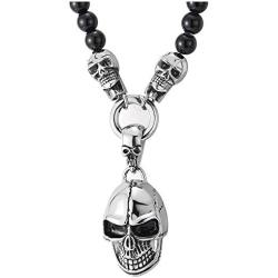 COOLSTEELANDBEYOND Gothic Style, Mens Women Black Onyx Beads Chain Necklace and Stainless Steel Vintage Skulls Pendant