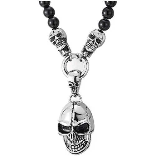COOLSTEELANDBEYOND Gothic Style, Mens Women Black Onyx Beads Chain Necklace and Stainless Steel Vintage Skulls Pendant COOLSTEELANDBEYOND Gothic Style, Mens Women Black Onyx Beads Chain Necklace and Stainless Steel Vintage Skulls Pendant