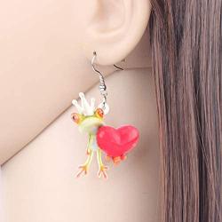 NEWEI Acrylic Sweet Cartoon Prince Frog Heart Earrings Drop Dangle Fashion Animal Jewelry for Women Girls Teens Gift Charms