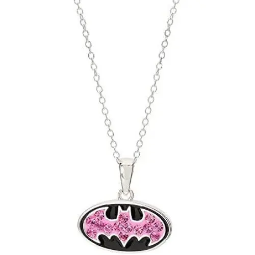 DC Comics Batman Jewelry for Women, Sterling Silver Pink Crystal Batman Logo Pendant Necklace, 18'' Chain