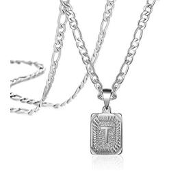 Joycuff Silver Square Initial Necklaces for Women Men Teen Girls Boys Husband Dad Mom Daughter Personalized Letter Name 26 Alphabets Stainless Steel Figaro Chain Medallion Pendant Necklace