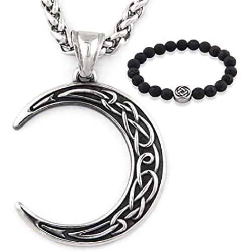 Gungneer Stainless Steel Celtic Knot Crescent Moon Pendant Necklace Irish Protection Accessories Keel Chain Jewelry