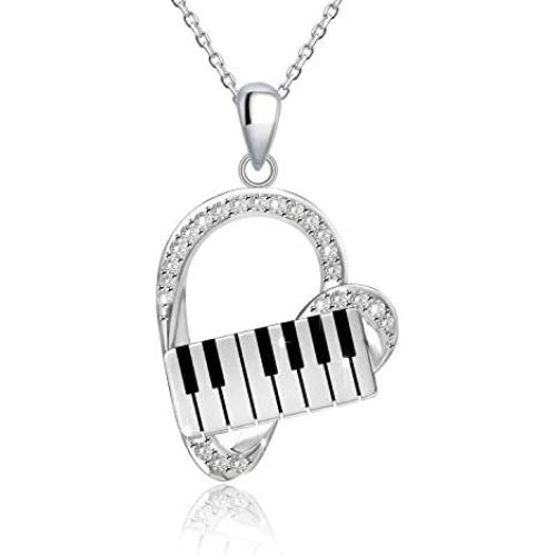 925 Sterling Silver Heart Pendant Piano Keyboard Necklace Music Jewelry for Women Girls
