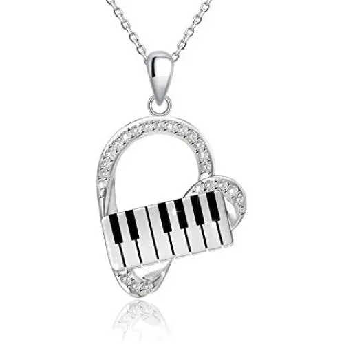 925 Sterling Silver Heart Pendant Piano Keyboard Necklace Music Jewelry for Women Girls