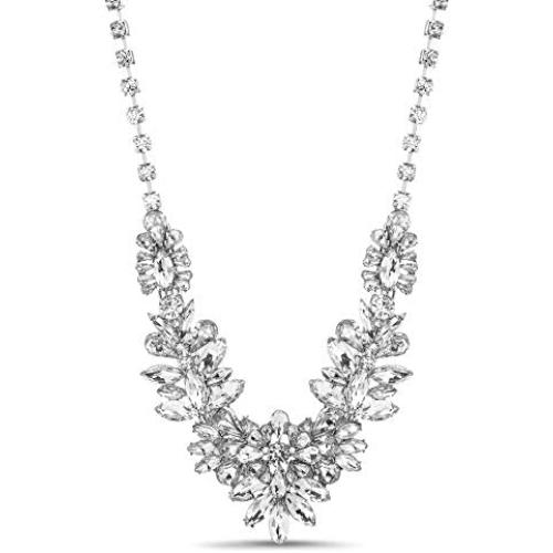 Steve Madden Silver-Tone Flower Cluster Design Bib Statement Rhinestone Necklace for Women