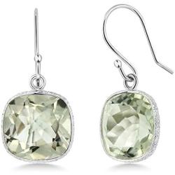 Gem Stone King 925 Sterling Silver Green Prasiolite Womens Dangle Earrings (10.00 Cttw, 11MM Cushion Checkerboard)