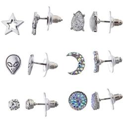 Lux Accessories Silver Tone Hem Alien Celestial Novelty Multi Earring Set (6PCS)