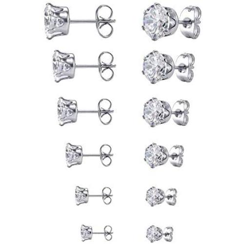YIGEAN Stainless Steel Round Clear Cubic Stud Earrings,Hypoallergenic Multi-Piercing Ears,Jewelry Gifts Of Men,Women,Boys & Girls(6 Pairs)