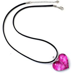 Suvani Jewelry Hand Blown Venetian Murano Glass Rose Pink Heart Shaped Pendant Necklace, 18-20 inches