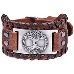 HAQUIL Viking Jewelry Tree of Life Amulet Brown Leather Wristband Bracelet for Men