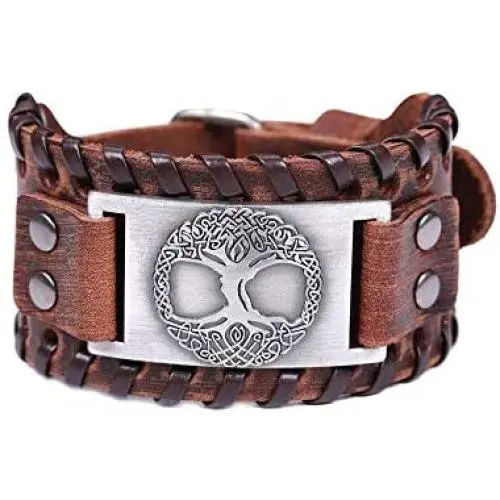 HAQUIL Viking Jewelry Tree of Life Amulet Brown Leather Wristband Bracelet for Men HAQUIL Viking Jewelry Tree of Life Amulet Brown Leather Wristband Bracelet for Men
