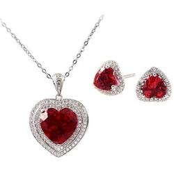 Womens Elegant Heart Ruby Pendant Necklace and Earring Studs Set in 925 Sterling Silver,Jewelry Sets Gifts for Her
