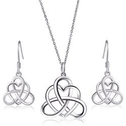 925 Sterling Silver Good Luck Vintage Irish Celtic Triquetra Knot Heart Pendant Necklace and Earrings Jewelry Set…