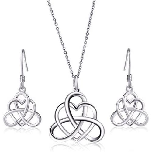 925 Sterling Silver Good Luck Vintage Irish Celtic Triquetra Knot Heart Pendant Necklace and Earrings Jewelry Set…