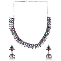 Efulgenz Boho Vintage Antique Ethnic Gypsy Indian Oxidized Silver Crystal Cubic Zirconia Bridal Necklace Earrings Jewelry Set