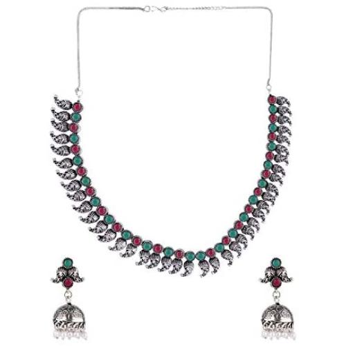 Efulgenz Boho Vintage Antique Ethnic Gypsy Indian Oxidized Silver Crystal Cubic Zirconia Bridal Necklace Earrings Jewelry Set