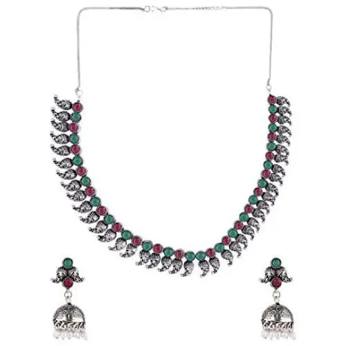 Efulgenz Boho Vintage Antique Ethnic Gypsy Indian Oxidized Silver Crystal Cubic Zirconia Bridal Necklace Earrings Jewelry Set