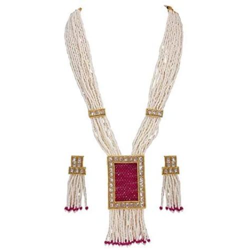 CROWN JEWEL Indian Bollywood Ethnic Gold Plated Pearl Kundan Fashion Jewelry Necklace Set for Women