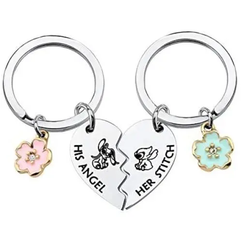 CYTING Her Stitch His Angel Puzzle Piece Keychain Set with Hibiscus Flower Charm Hawaiian Jewelry Gift for Couples Family Best Friends