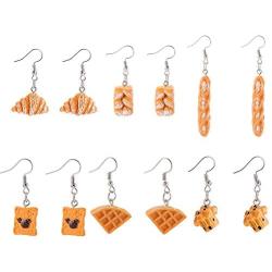 6 Pairs Handmade Simulation food Adorrable Earrings Croissant French Bread Waffles Bear Biscuit Toast Dangle Drop Earrings Cute Unique Baguette Earrings Set Jewelry for Women Girls