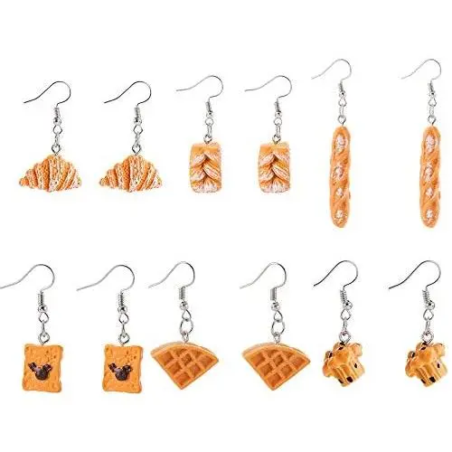 6 Pairs Handmade Simulation food Adorrable Earrings Croissant French Bread Waffles Bear Biscuit Toast Dangle Drop Earrings Cute Unique Baguette Earrings Set Jewelry for Women Girls