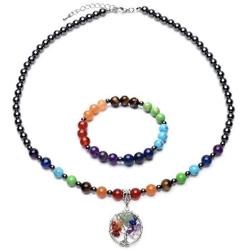 Jovivi Black Magnetic Hematite 7 Chakra Healing Balancing Therapy Energy Crystal Stretch Beads Bracelet & Tree of Life Necklace Pendant