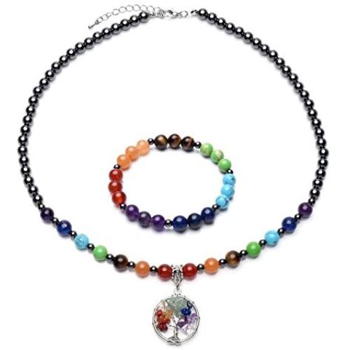 Jovivi Black Magnetic Hematite 7 Chakra Healing Balancing Therapy Energy Crystal Stretch Beads Bracelet & Tree of Life Necklace Pendant