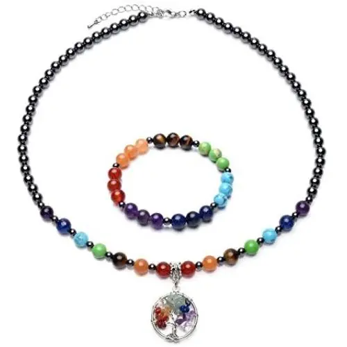 Jovivi Black Magnetic Hematite 7 Chakra Healing Balancing Therapy Energy Crystal Stretch Beads Bracelet & Tree of Life Necklace Pendant