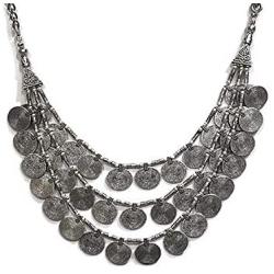 Saissa Oxidised Metal Silver Plated Multi-strand Coins Necklace Indian Jewelry for Women