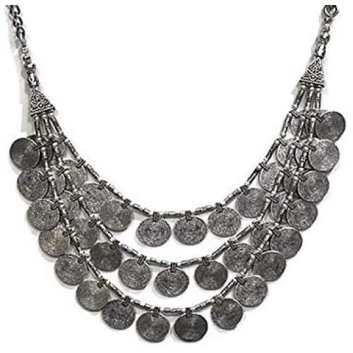Saissa Oxidised Metal Silver Plated Multi-strand Coins Necklace Indian Jewelry for Women
