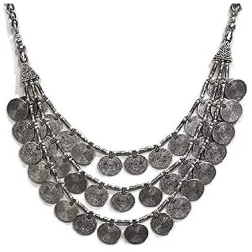 Saissa Oxidised Metal Silver Plated Multi-strand Coins Necklace Indian Jewelry for Women