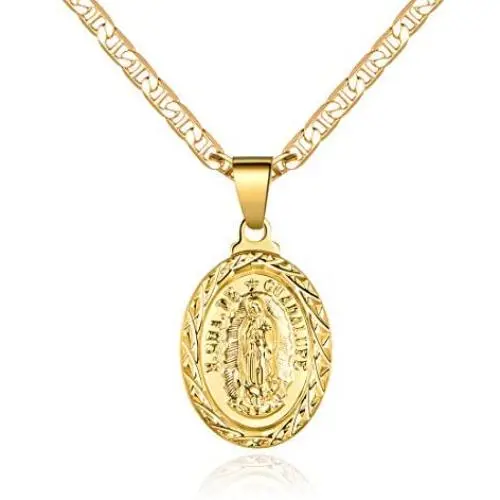 Barzel 18K Gold Plated Flat Mariner/Marina 060 3MM Chain Necklace with Virgin Mary Guadalupe Charm Pendant Barzel 18K Gold Plated Flat Mariner/Marina 060 3MM Chain Necklace with Virgin Mary Guadalupe Charm Pendant