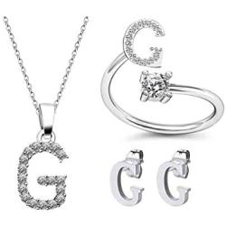 MepLife 3 Pack Alphabet Initial Rings Cubic Zirconia Letter Pendant Necklace Ear Studs for Women Girls Jewelry Sets