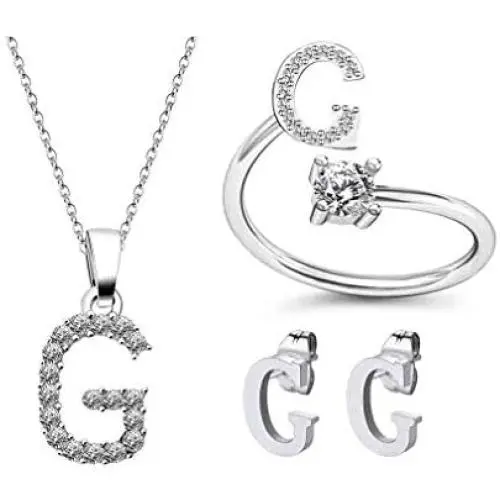 MepLife 3 Pack Alphabet Initial Rings Cubic Zirconia Letter Pendant Necklace Ear Studs for Women Girls Jewelry Sets MepLife 3 Pack Alphabet Initial Rings Cubic Zirconia Letter Pendant Necklace Ear Studs for Women Girls Jewelry Sets