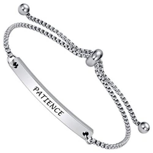 Fashion Inspiration Bracelet - PATIENCE - Inspirational Mantra Message Engraved, Adjustable Slide Jewelry Gifts for Womens Teens