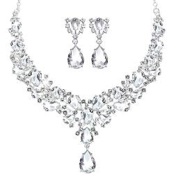 Hicarer Bridal Teardrop Cluster Crystal Jewelry Set for Women Necklace Earrings Wedding