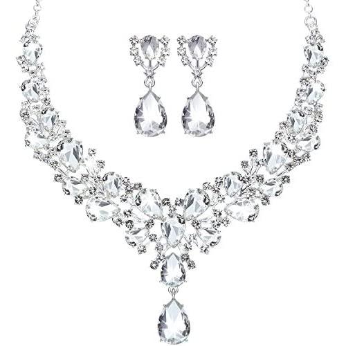 Hicarer Bridal Teardrop Cluster Crystal Jewelry Set for Women Necklace Earrings Wedding