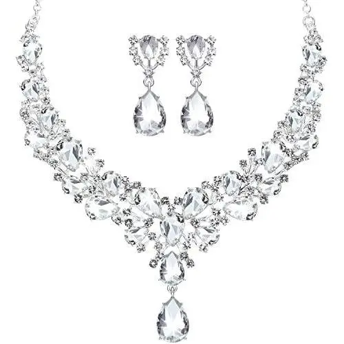 Hicarer Bridal Teardrop Cluster Crystal Jewelry Set for Women Necklace Earrings Wedding