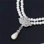 Ailer Elegant Womens Faux Pearl Two Layer Crystal Bridal Choker Necklace Statment Dangle Drop Earrings Set Silver-Tone