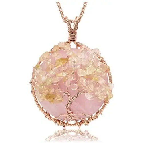 Top Plaza Healing Crystal Rose Quartz Stone Pendant Necklace Tree of Life Wire Wrapped Necklaces Handmade Reiki Gemstone Jewelry for Womens Top Plaza Healing Crystal Rose Quartz Stone Pendant Necklace Tree of Life Wire Wrapped Necklaces Handmade Reiki Gemstone Jewelry for Womens
