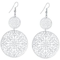 IDB Delicate Filigree Dangle Double Circle Drop Hook Earrings - Available in Silver and Gold Tones - Approx 3 1/4 inches (3.25'' / 8.2 cm) Length x 1 13/16 inches (1.81'' / 4.6cm) Wide