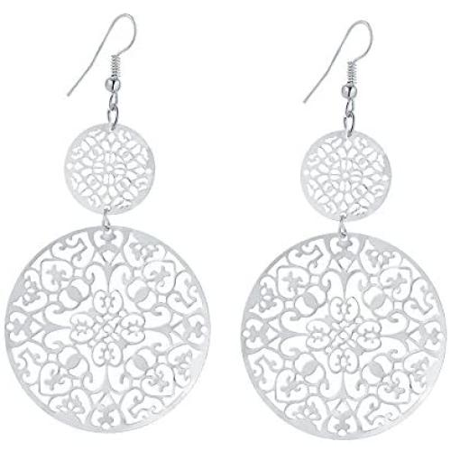 IDB Delicate Filigree Dangle Double Circle Drop Hook Earrings - Available in Silver and Gold Tones - Approx 3 1/4 inches (3.25'' / 8.2 cm) Length x 1 13/16 inches (1.81'' / 4.6cm) Wide