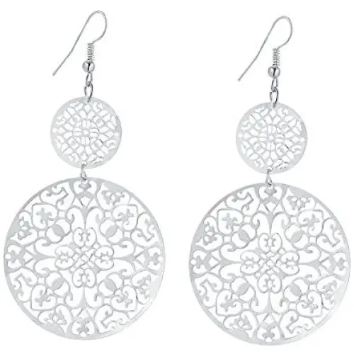 IDB Delicate Filigree Dangle Double Circle Drop Hook Earrings - Available in Silver and Gold Tones - Approx 3 1/4 inches (3.25'' / 8.2 cm) Length x 1 13/16 inches (1.81'' / 4.6cm) Wide IDB Delicate Filigree Dangle Double Circle Drop Hook Earrings - Available in Silver and Gold Tones - Approx 3 1/4 inches (3.25'' / 8.2 cm) Length x 1 13/16 inches (1.81'' / 4.6cm) Wide