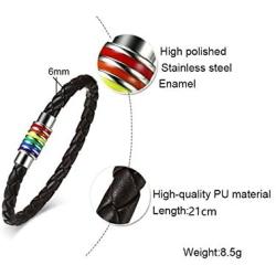 Wollet Titanium Stainless Steel Magnet Rainbow LGBT Pride Handmade Braided Bracelet PU Leather Weave Plaited Jewelry