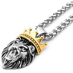 Warvik Crown Head Lion King Pendant Necklace Hip Hop Fashion Style, Stainless Steel Jewelry Mens Womens Wheat Chain 20/28inch