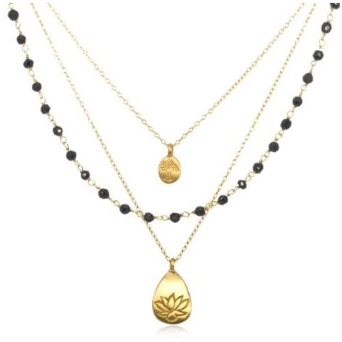 Satya Jewelry Classics Onyx Lotus and Tree of Life Triple-Chain Necklace (18-Inch)