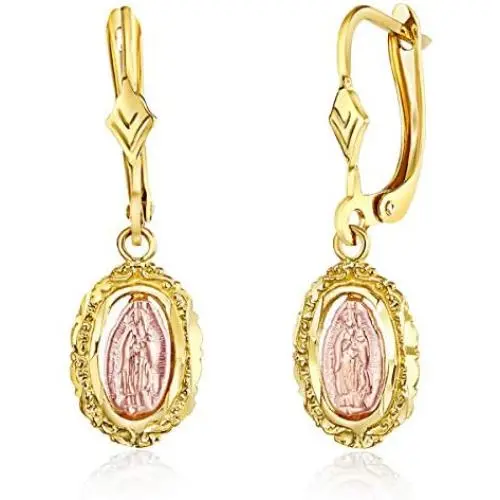 Wellingsale Ladies 14k Two Tone Rose and Yellow Gold Our Lady of Guadalupe Drop Earrings Wellingsale Ladies 14k Two Tone Rose and Yellow Gold Our Lady of Guadalupe Drop Earrings